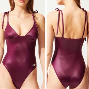SOLID & STRIPED NWT The Olympia One Piece Swim Coated Eggplant Small